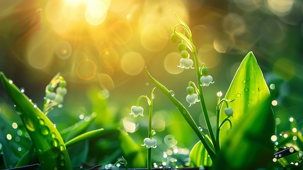 Lily of the valley flowers with wet petals