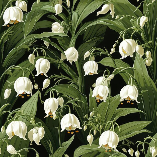 Lily of the valley seamless patterns in detailed illustrations tiled