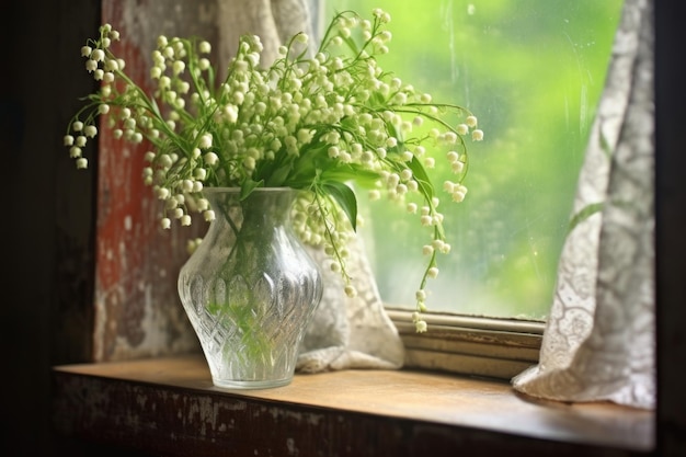 Lily of the valley in a vintage vase on a windowsill created with generative ai