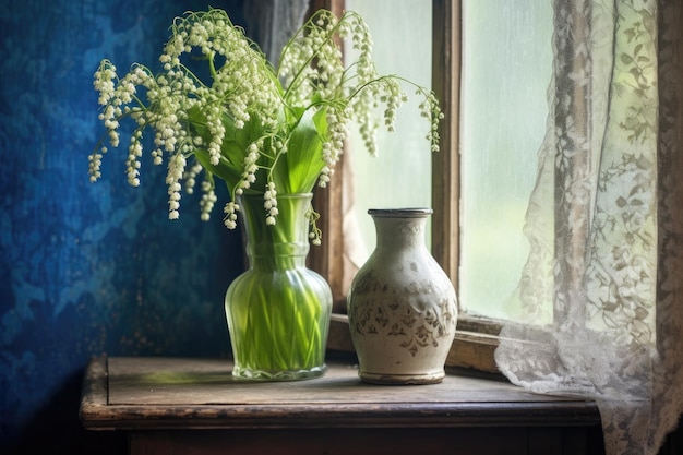 Lily of the valley in a vintage vase on a windowsill created with generative ai