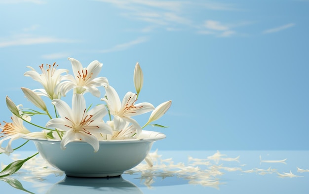 Lily in the white bowl on the sky blue background