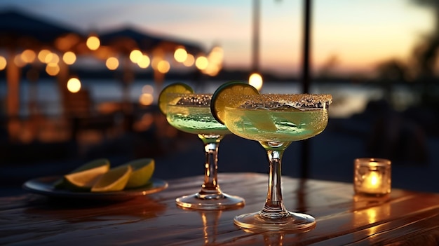 lime cocktail with ice cubes on wooden table top palm plantwhite sandblue sky on beach