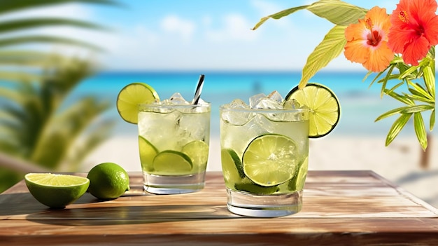 lime cocktail with ice cubes on wooden table top palm plantwhite sandblue sky on beach
