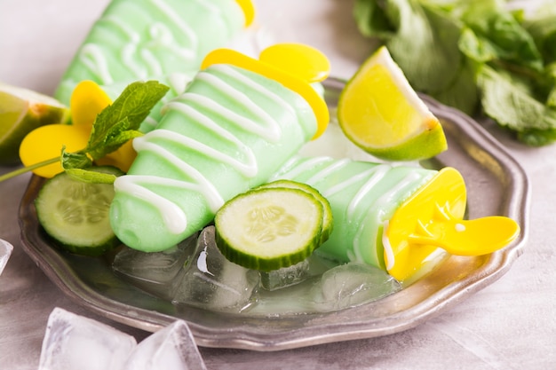 Lime and cucumber ice pops