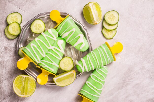 Lime and cucumber ice pops