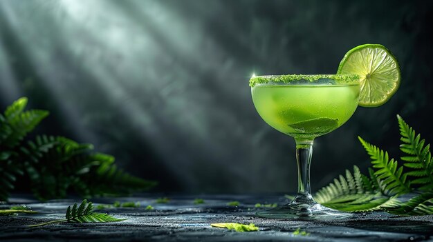 Lime and fern leaf in a green cocktail over a darker smoky setting indicated by light beams lovely shot and space Generative AI