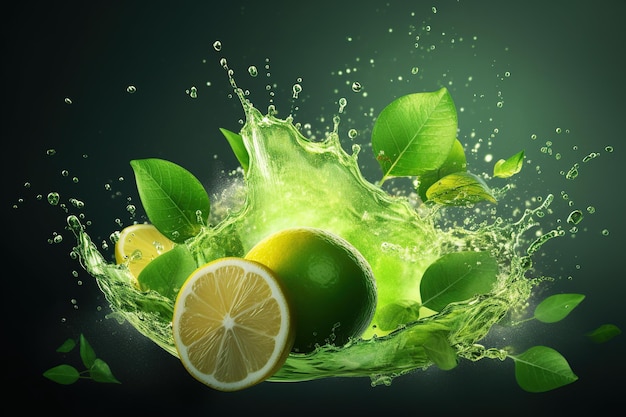 Lime fruit slice leaves and green juice splash Ai Mojito drink