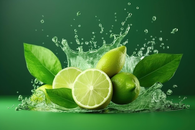 Lime fruit slice leaves and green juice splash Ai Mojito drink