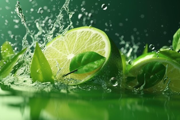 Lime fruit slice leaves and green juice splash Ai Mojito drink