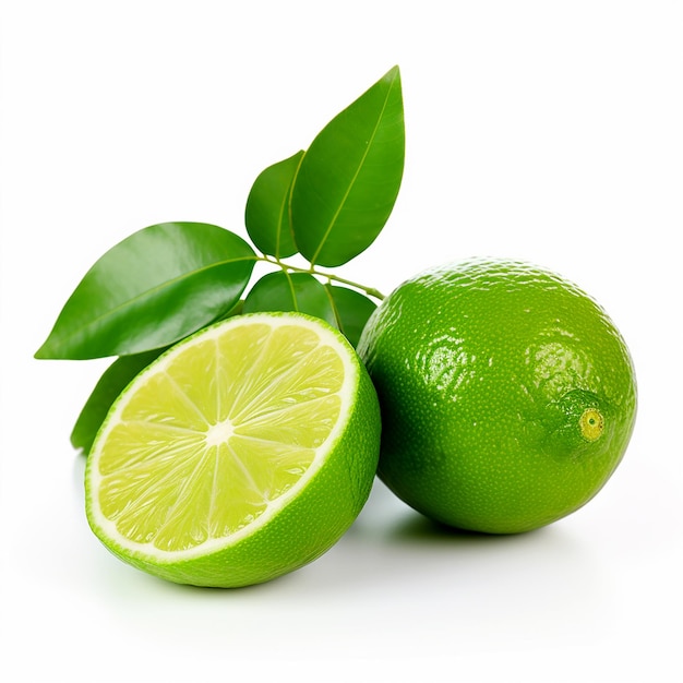 Lime Fruit with Leaves Isolated on White Background