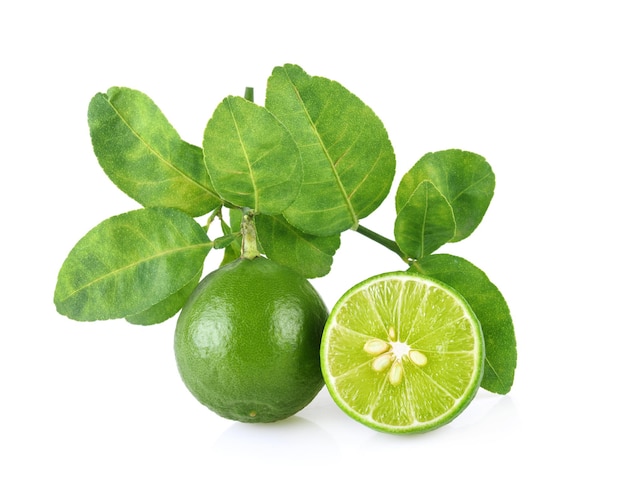 Frutto di lime con foglie isolate su sfondo bianco