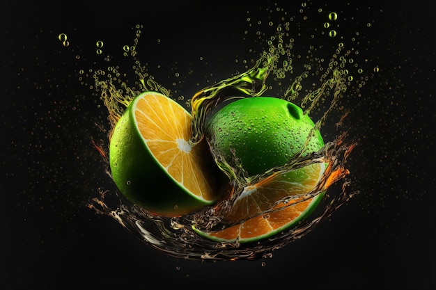 Lime fruits splash isolated on black background