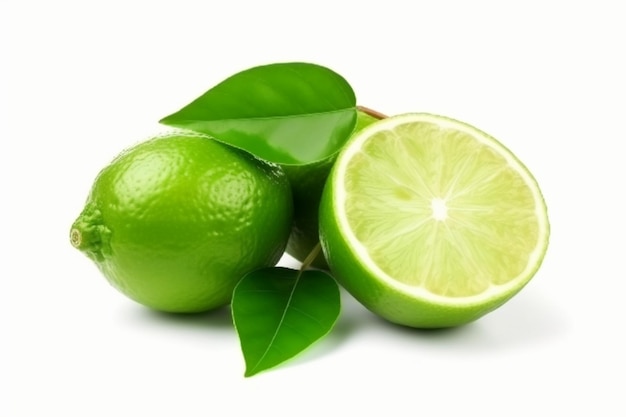 Lime fruits with green leaf and cut in half slice isolated on white background