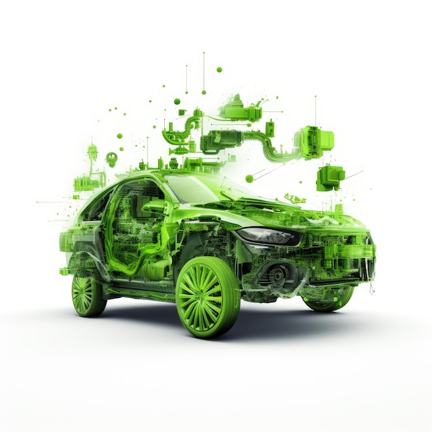 Lime Green Serenity Exploring the Intricate Mechanics of an Electric Car through Exquisite Exploded