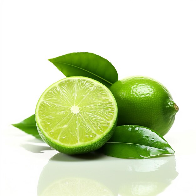 A lime and a half are sitting on a white surface.