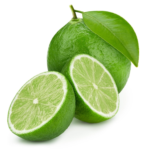 Lime isolated on white background Lime half macro studio photo Lime with leaves With clipping path