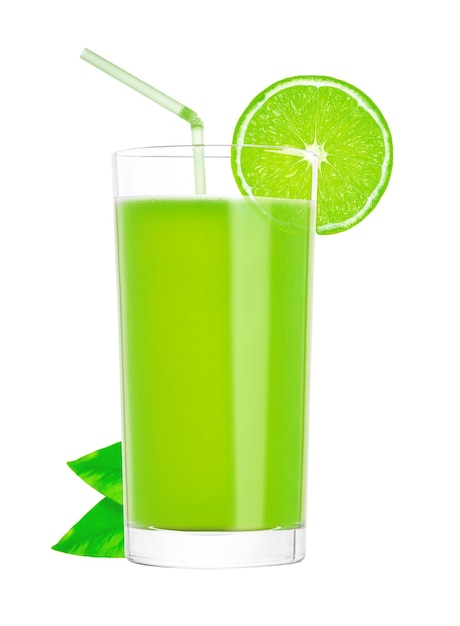 lime juice in a glass with a straw and a slice of fresh lime