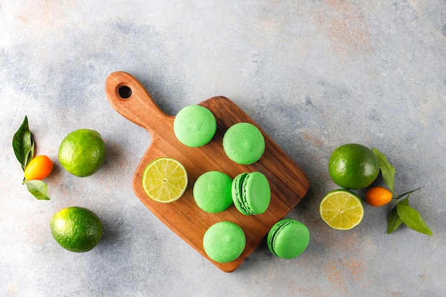 Lime macaroons with fresh fruits.