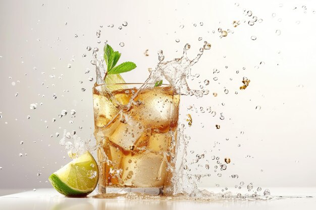 lime mint and ice cube falling into a splashing moscow mule cocktail isolated on white