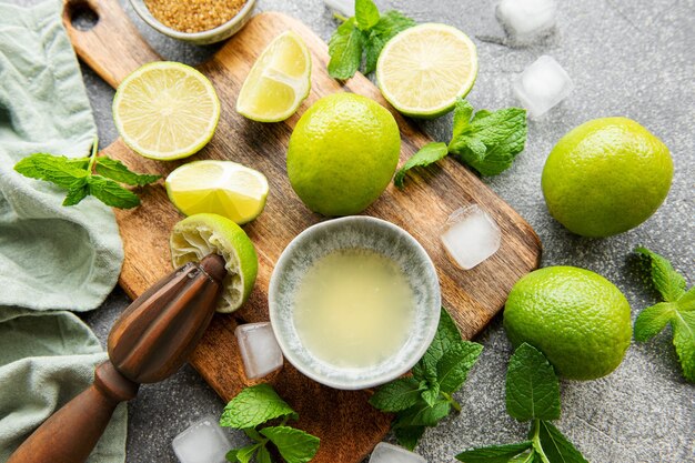 Lime mint and ice on a dark background