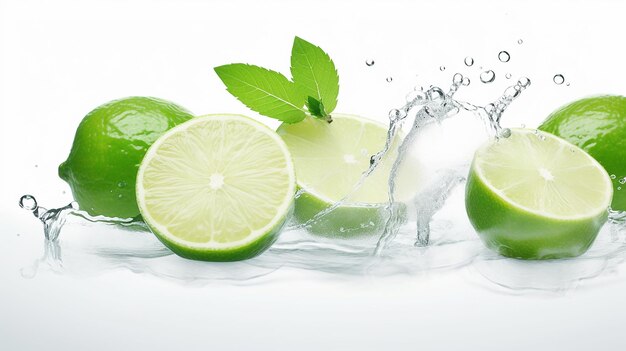 Lime mint and ice on white background