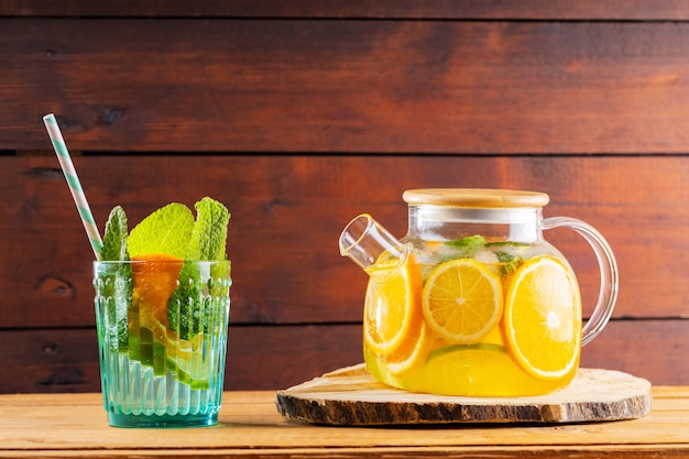 Lime mint iced tea in a transparent teapot