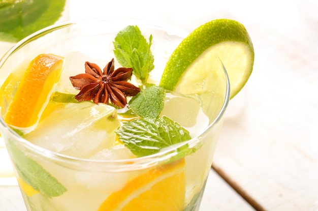 Lime and Orange Fruit Water with ice and mint on white table