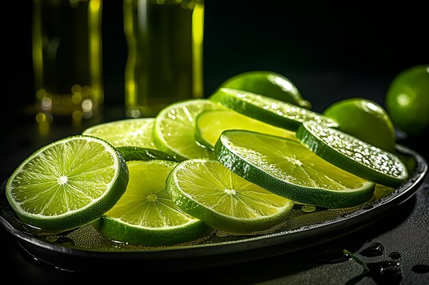 Lime slices arranged on a tray with tequila shots