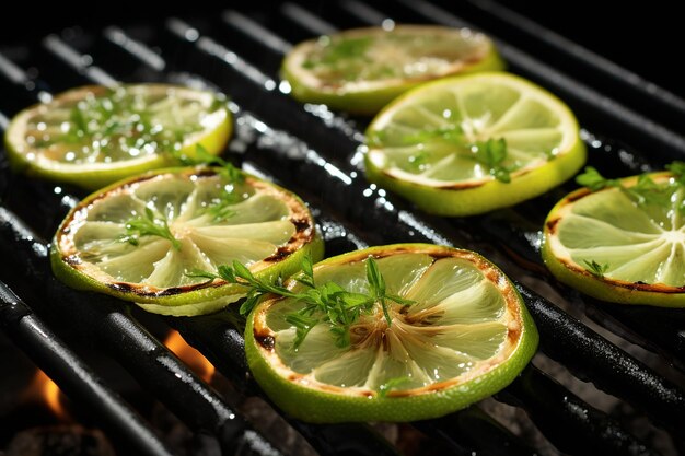 Photo lime slices on a charcoal grill for cooking seafood or meat