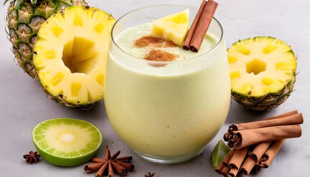 lime smoothie with pineapple pieces and cinnamon