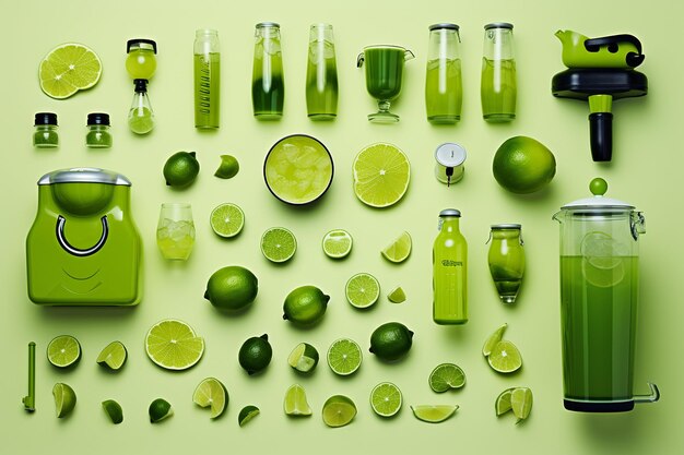 Photo a lime themed flat lay with lime related items like juicers zesters and drinks