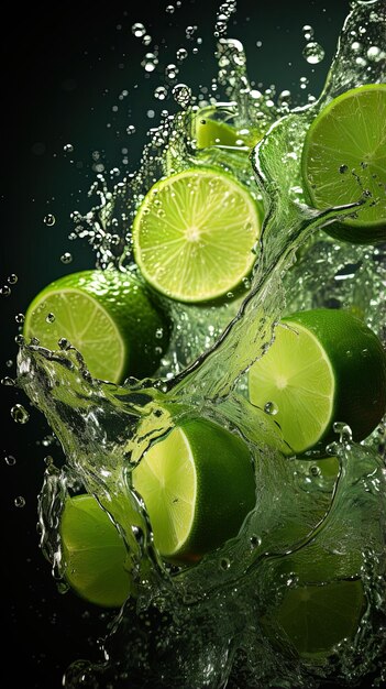 Photo limes are being splashed in the water with a lime