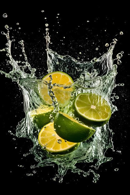 Limes falling into water with a black background