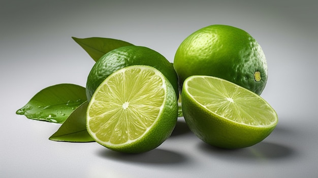 Limes and leaves on a white background Isolated imagegenerative ai