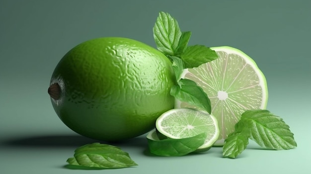 Limes and limes on a green backgroundgenerative ai