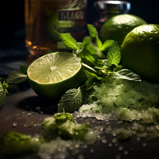 Foto lime e foglie di menta sono su un tavolo con una bottiglia di birra generativa ai