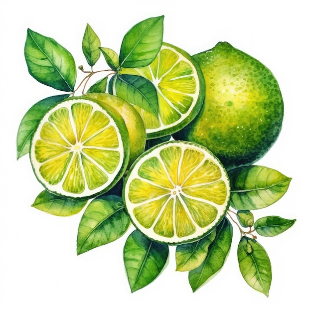 Limes in watercolor style with ink outline on white background generative AI