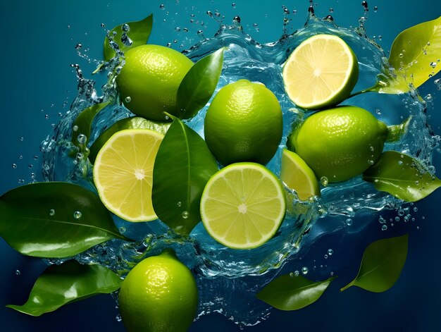 Photo limes with leaves falling down over water on green background