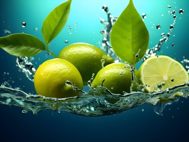 Limes with leaves falling down over water on green background