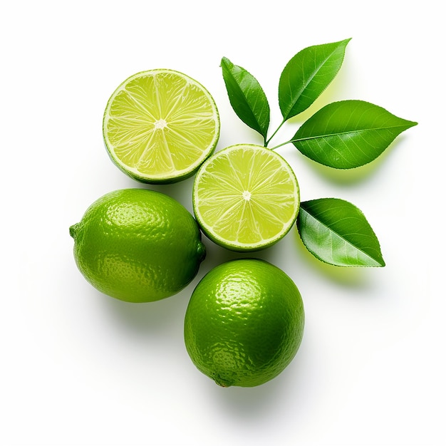 Limes with Leaves Isolated on White Background