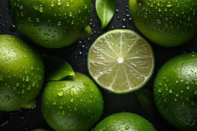 Limes with a slice of lime on a black background