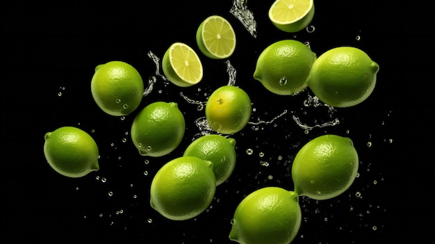 Limes with water droplets splashing on them