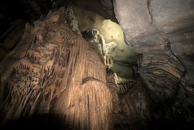 Limestone formations in karst cave at Cat Ba island Vietnam stalactites and stalagmites inside the cave