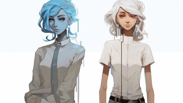 Limited Color Palette Two Women With White And Blue Hair