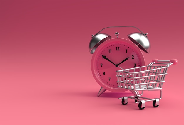 Limited time shopping cart with retro alarm clock isolated on a\
yellow 3d render background