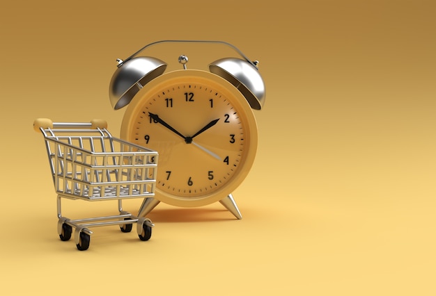 黄色の背景に分離されたレトロな目覚まし時計と期間限定のショッピングカート