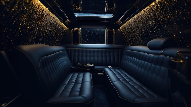 A limo with the back seats open and the back seats are lined up.