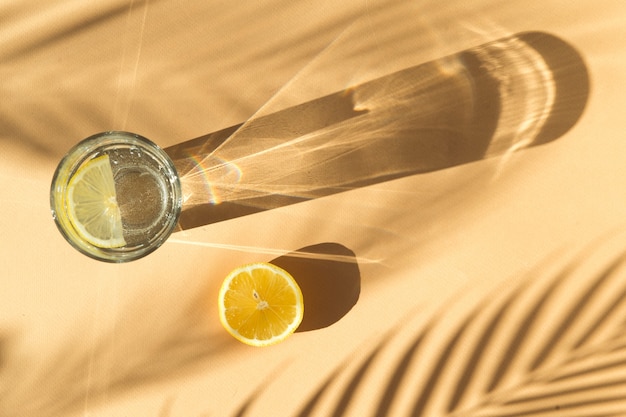 limonade en palmboomschaduw op beige achtergrond met schaduwen