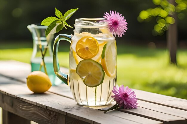 Limonade met citroenen en bloemen op een tafel