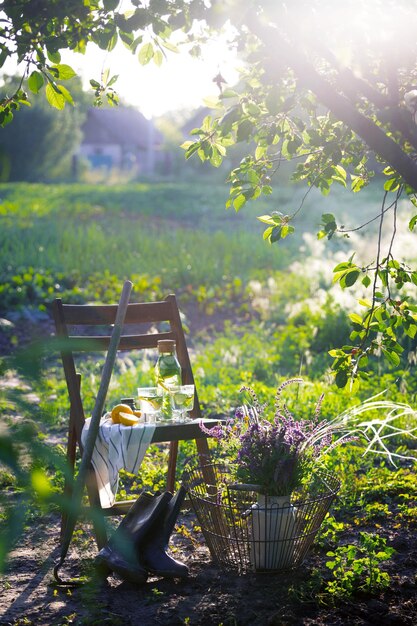 Foto limonade op een vintage houten stoel in de tuin